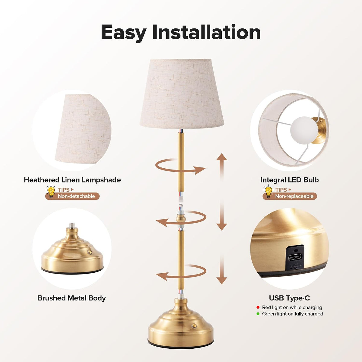 2 Pack Cordless Table Lamp, Rechargeable Desk Lamp with Fabric Shade, Battery...