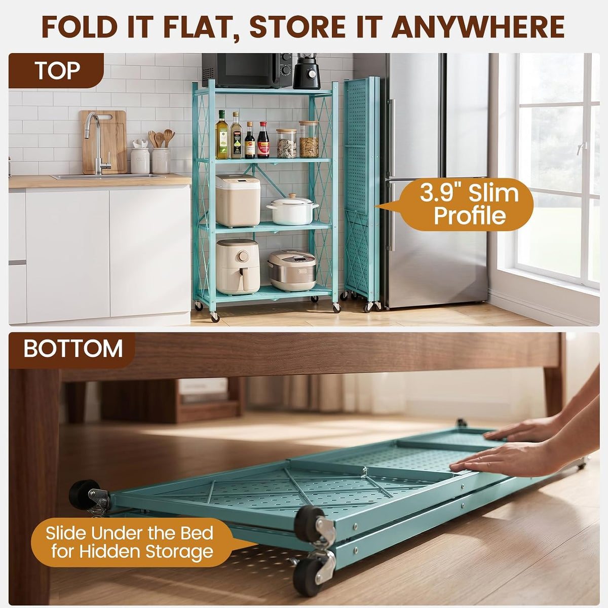 ALANNG 4 Tier Folding Shelf with Wheels, No Assembly Metal Storage Rack