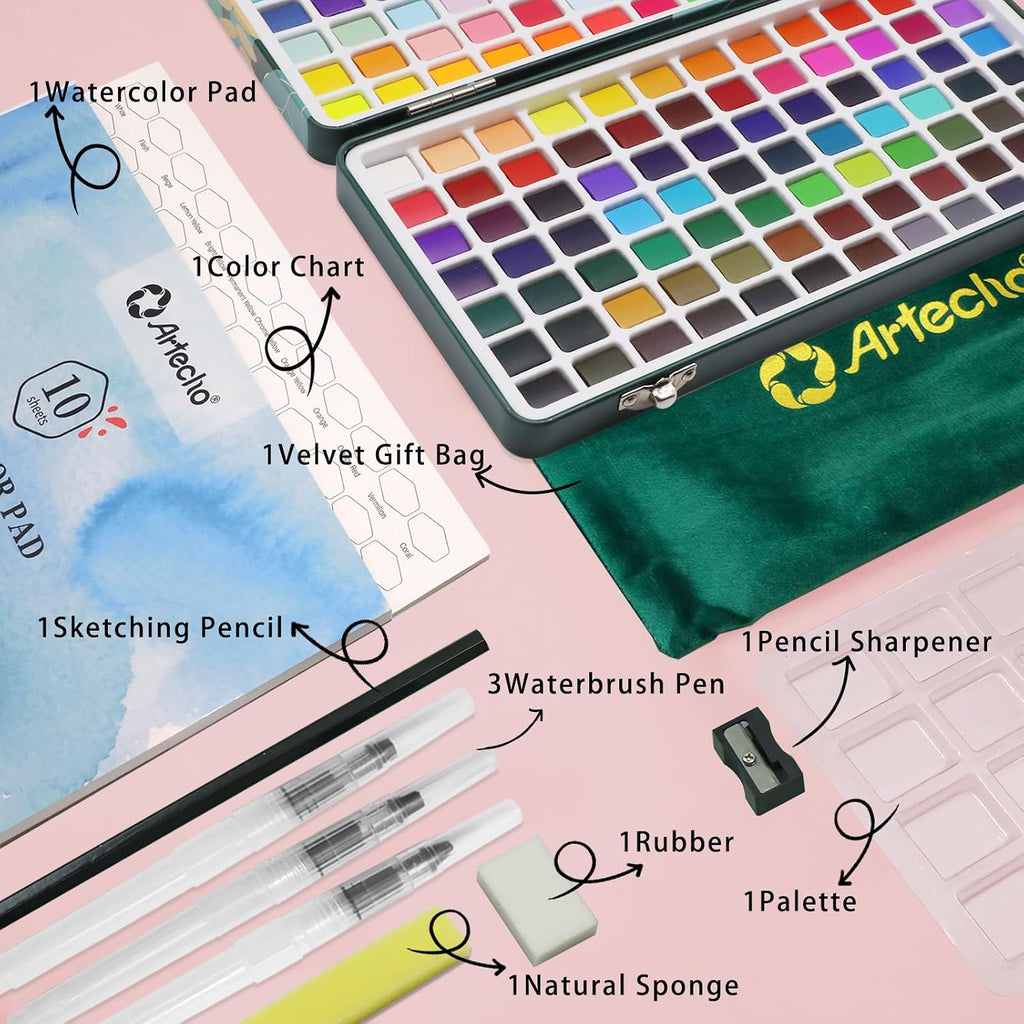 artecho 168-color watercolor paint set with metallics, tin, close-up detail