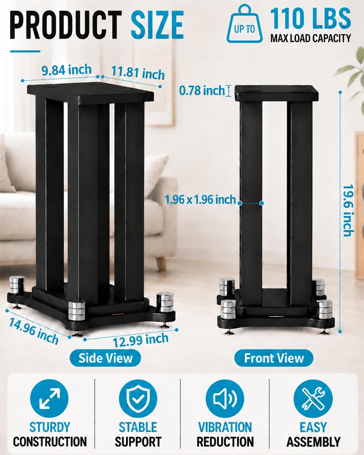 19.6" Bookshelf Speaker Stands Pair, 110 lb Capacity, for Studio Monitors