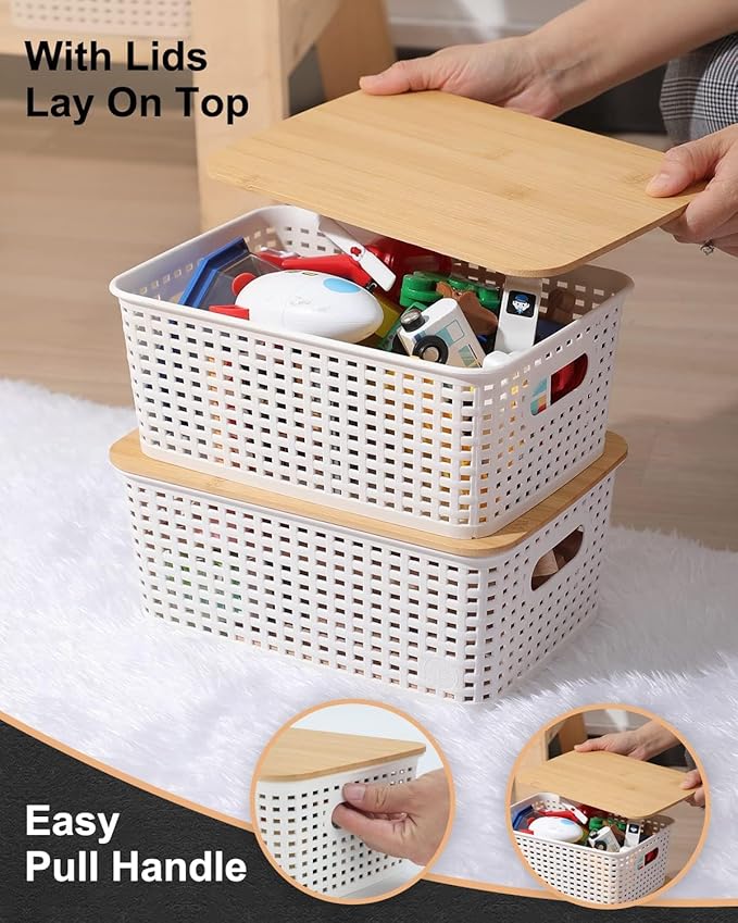 6 Pack Storage Bins with Bamboo Lids, Plastic Storage Baskets and Storage - Image 5