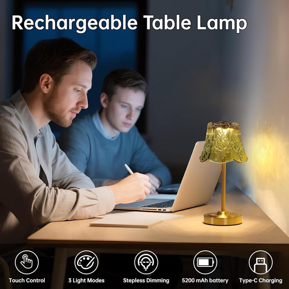 Shenmoyl Cordless Touch Table Lamp with 5200mAh Battery - 3 Adjustable Color ...