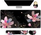 DINKY Desk Mat Black Flower, Large Gaming Mouse Pad with Wrist Rest, 4in1 XXL Mousepad+Keyboard Wrist Rest+Mouse Pad Wrist Support+Coaster Cushion Set for Home Office