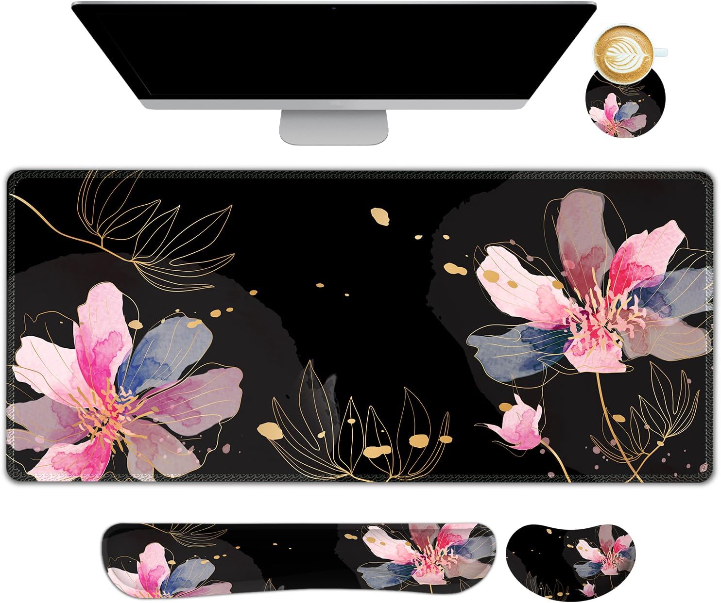 DINKY Desk Mat Black Flower, Large Gaming Mouse Pad with Wrist Rest, 4in1 XXL Mousepad+Keyboard Wrist Rest+Mouse Pad Wrist Support+Coaster Cushion Set for Home Office