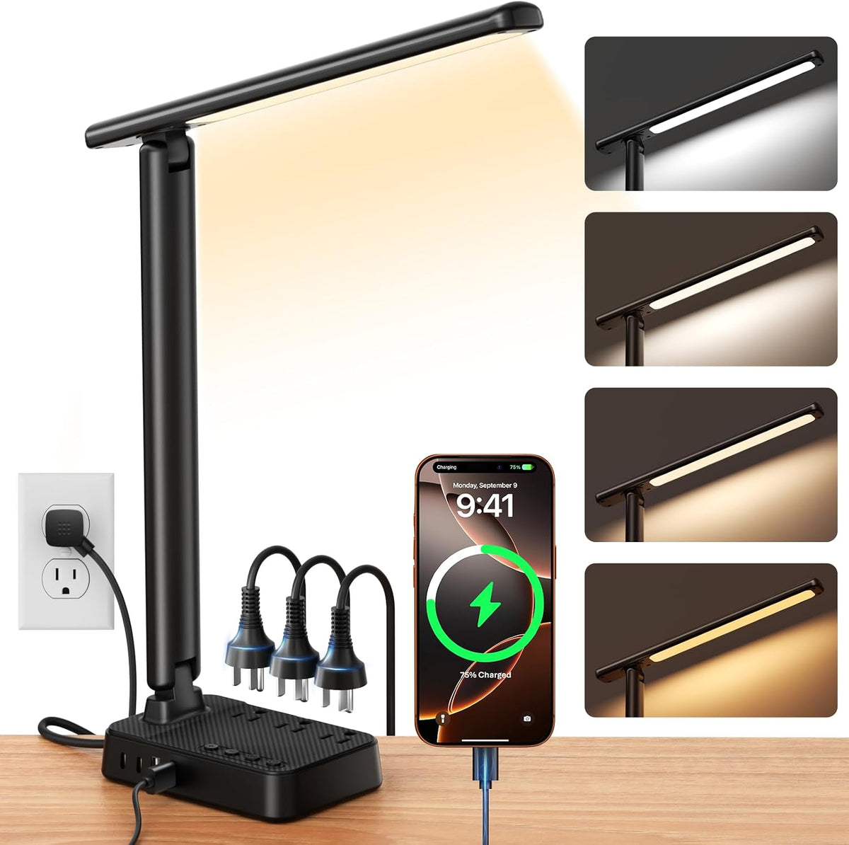 led desk lamp with power strip, 3 ac, main product view