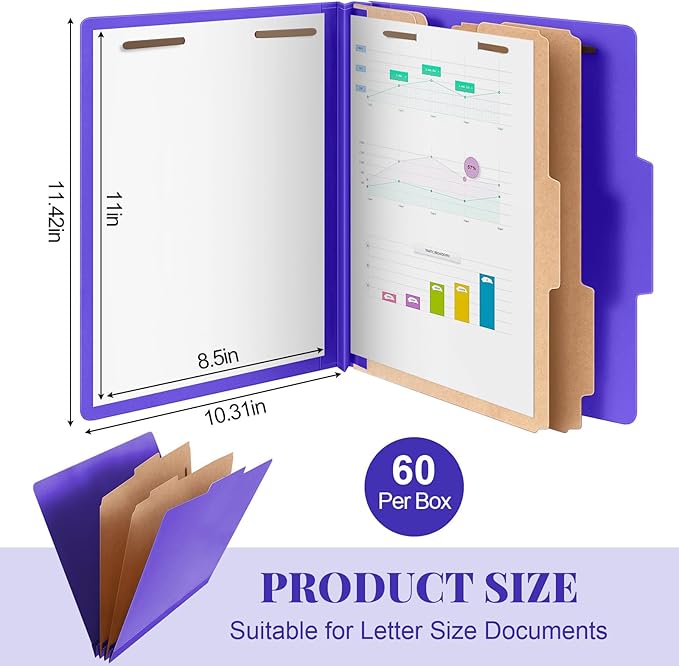 Skyygemm 60 Pcs Classification Folders Letter Size, 2 Divider Pressboard File - Image 2