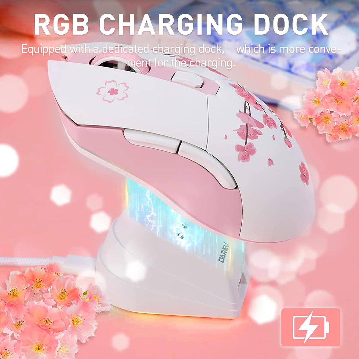 DAREU Sakura Pink Wireless Gaming Mouse with Charging Dock Rechargeable RGB,1...