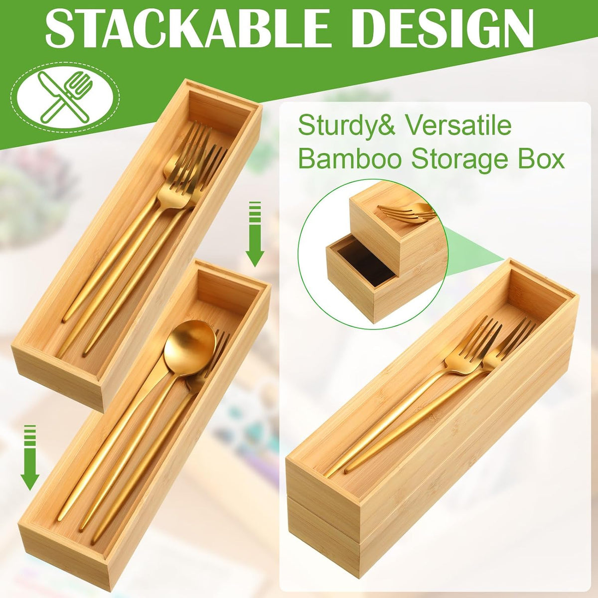 Kigley 8 Pcs Bamboo Kitchen Drawer Organizer, 12x3x2 Inch, Wood