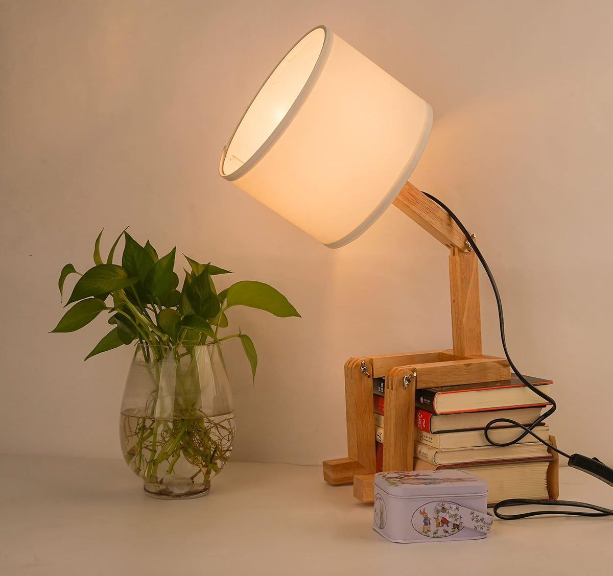 Robot Bedside Lamp, Fabric Lampshade Match Foldable Solid Wood Body, Creative...