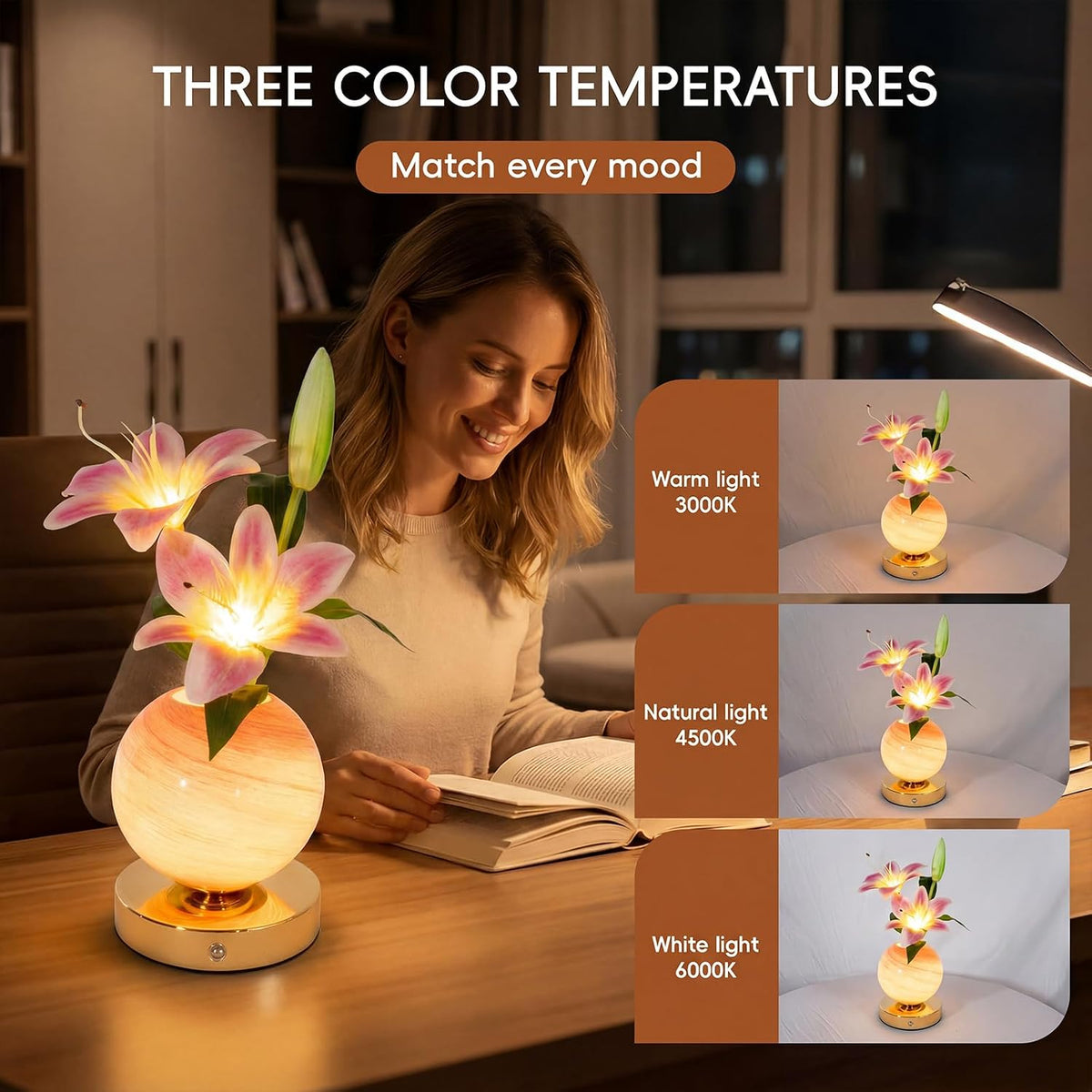Lily Lamp Rechargeable Wireless Touch-Control Dimmable Faux Flower Desk Light...