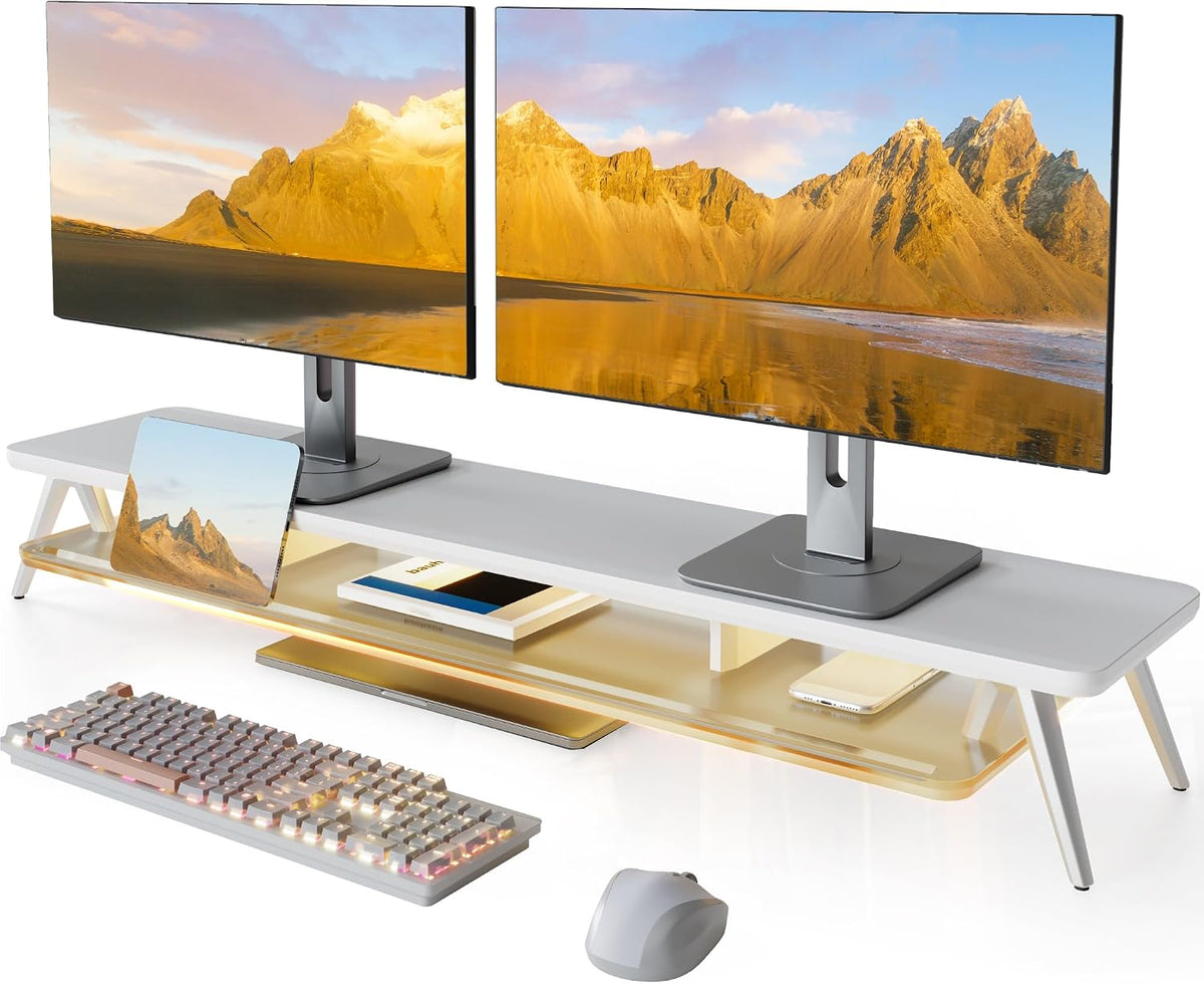 Fenge Dual Monitor Stand for Desk, Wooden Computer Riser, White