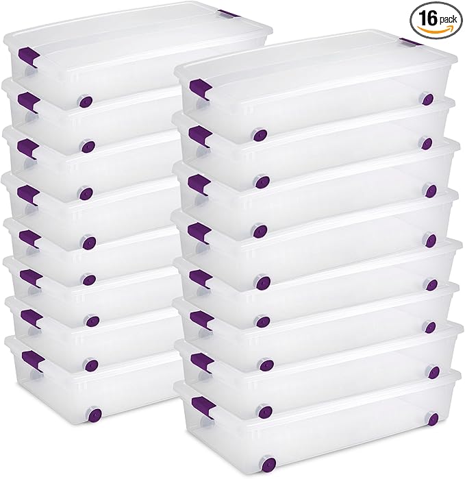Sterilite 16-Pack 60 Quart ClearView Latch Box, Wheeled Underbed Organizer Bins by Sterilite