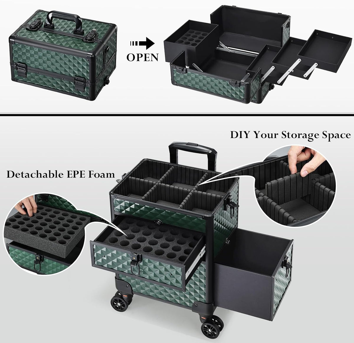 Joligrace Rolling Makeup Case with Drawers - Tattoo Storage Organizer Travel ...