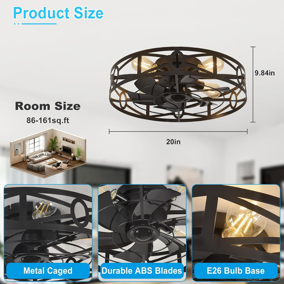 depuley flush mount ceiling fan: 20" caged ceiling showing dimensions
