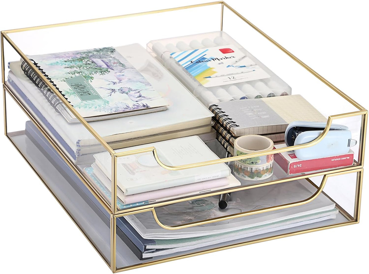 BTSKY 2 Pack Golden Glass Desk Tray, Multi-Purpose Organizer for A4 Paper, Do...