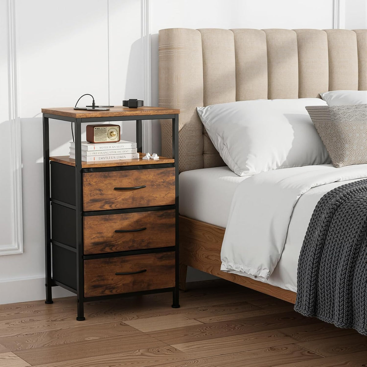 OLIXIS Nightstand with Charging Station, 3 Fabric Drawers Bedside Table