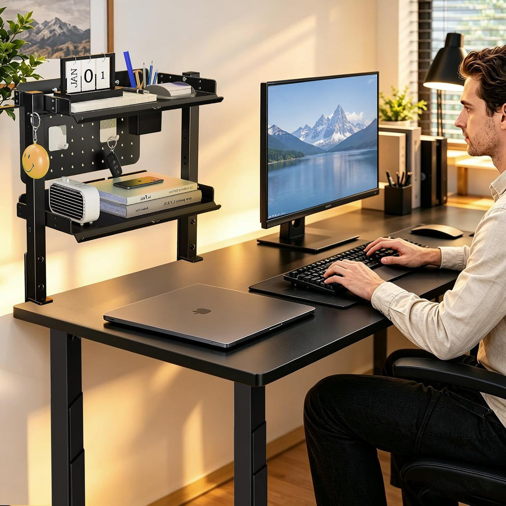 metal clamp on desk shelf,storage shelves with pegboard, front angle view