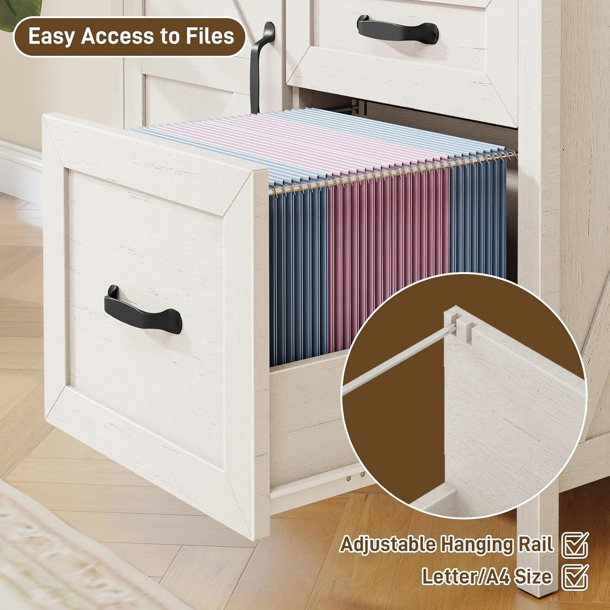 3 Drawers Farmhouse File Cabinet with Door for Home Office, Rustic White | Halitaa Lateral Filing Cabinet for Letter/A4 Size Hanging Files, Large Wood File Storage Cabinet Printer Stand