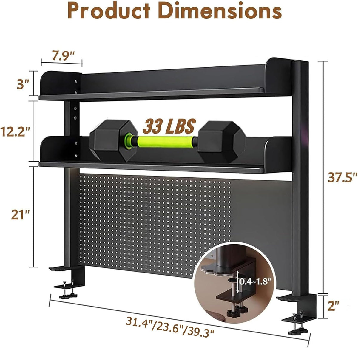 Clamp On Desk Pegboard Shelf - Metal Desktop Organizer Hutch with 2 Shelves