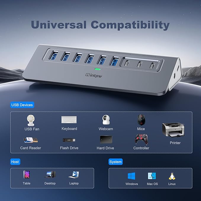 YH6AC Powered USB Hub 10Gbps, intpw 9-Port USB Splitter - Image 6