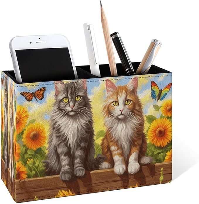 Famame Cute Vintage Cats Sunflower Fence Pencil Holder by Famame