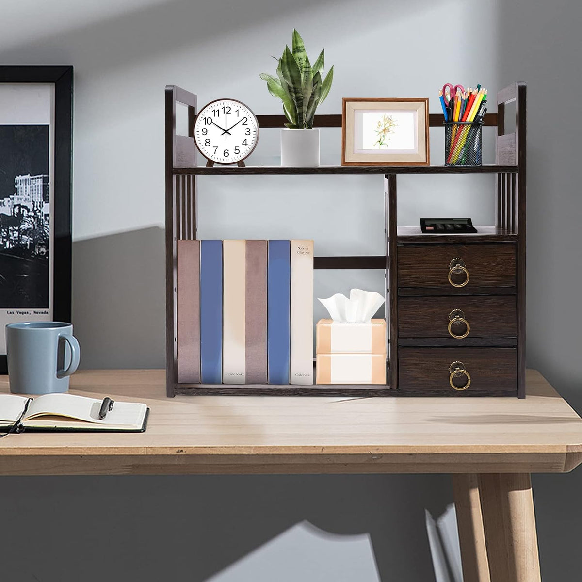 Bamboo Desk Book Shelf,Desktop Bookshelf Storage Rack Tabletop Standing Organ...
