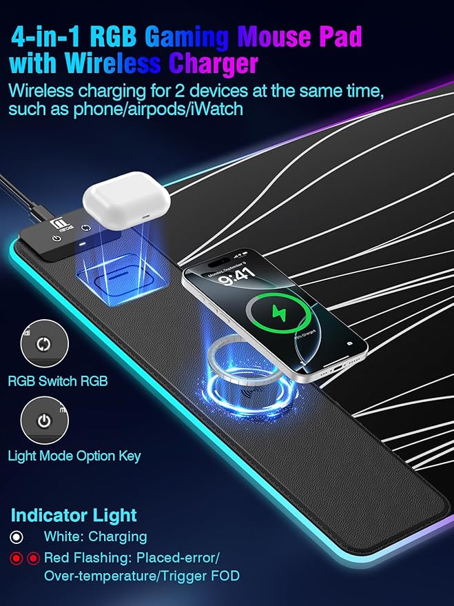 Mouse Pad with Magnetic Wireless Charging, Large Desk Pad Protector, RGB Black - Image 2