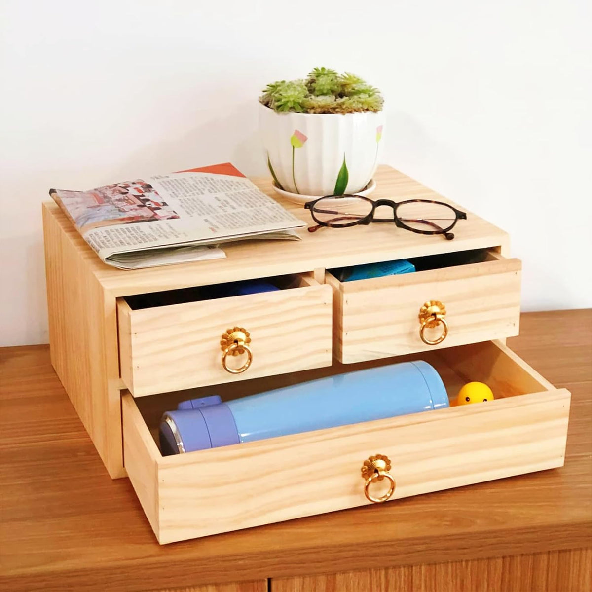 2 Layer Desk Organizer Natural Wooden Storage Box Counter Drawer