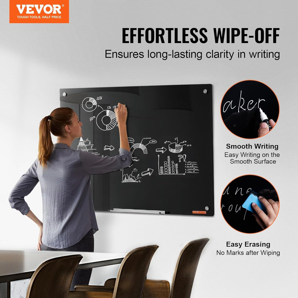 VEVOR Magnetic Glass Whiteboard, Dry Erase Board 36"x24", Wall-Moun...