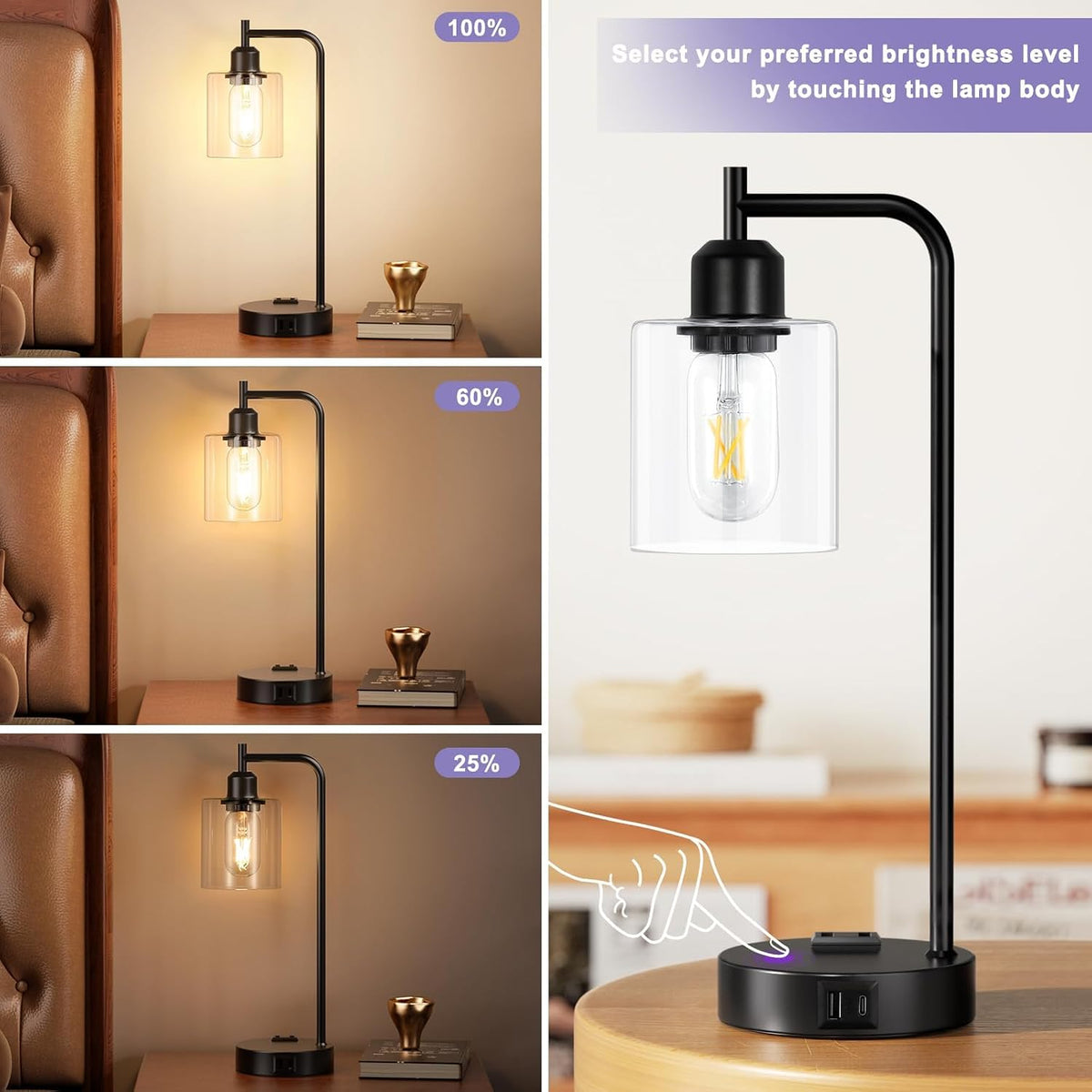 industrial touch lamps for nightstand set of 2, close-up detail