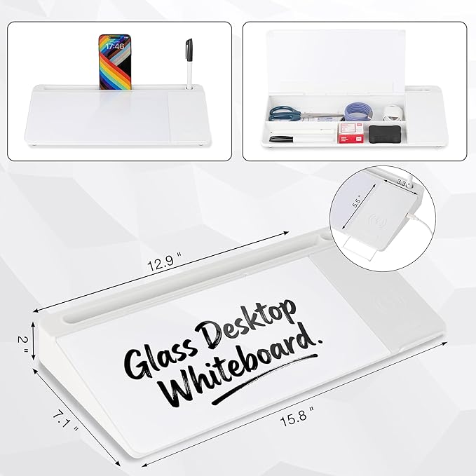 Glass Desktop Whiteboard with Wireless Charger & Storage, Desk Dry Erase Note - Image 3