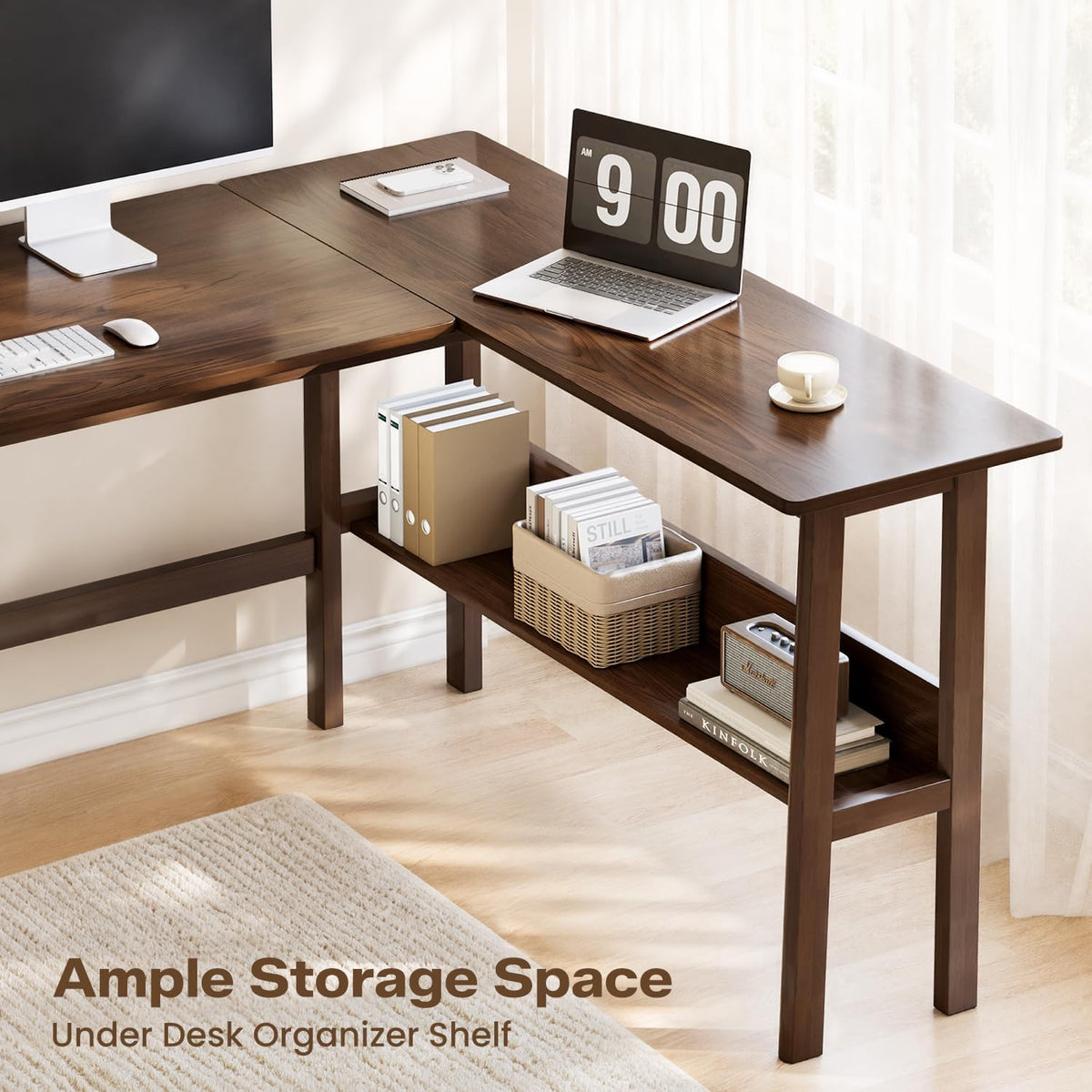 NELYE 63" Reversible L Shaped Desk with Shelf for Home Office, Walnut