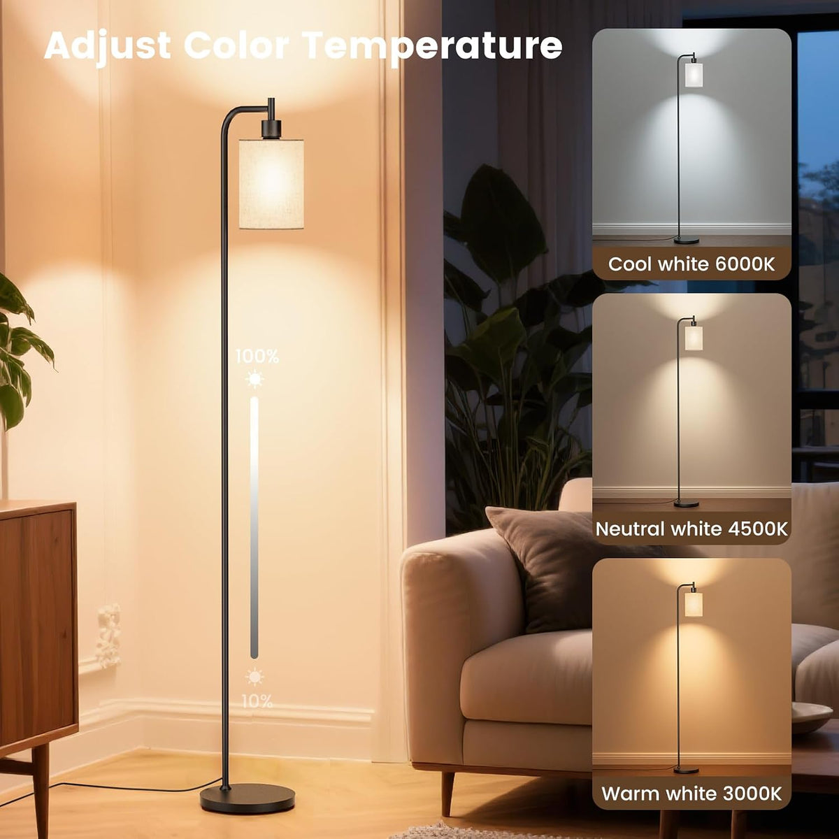 sibrille floor lamp with linen shade, dimmable tall shown in use