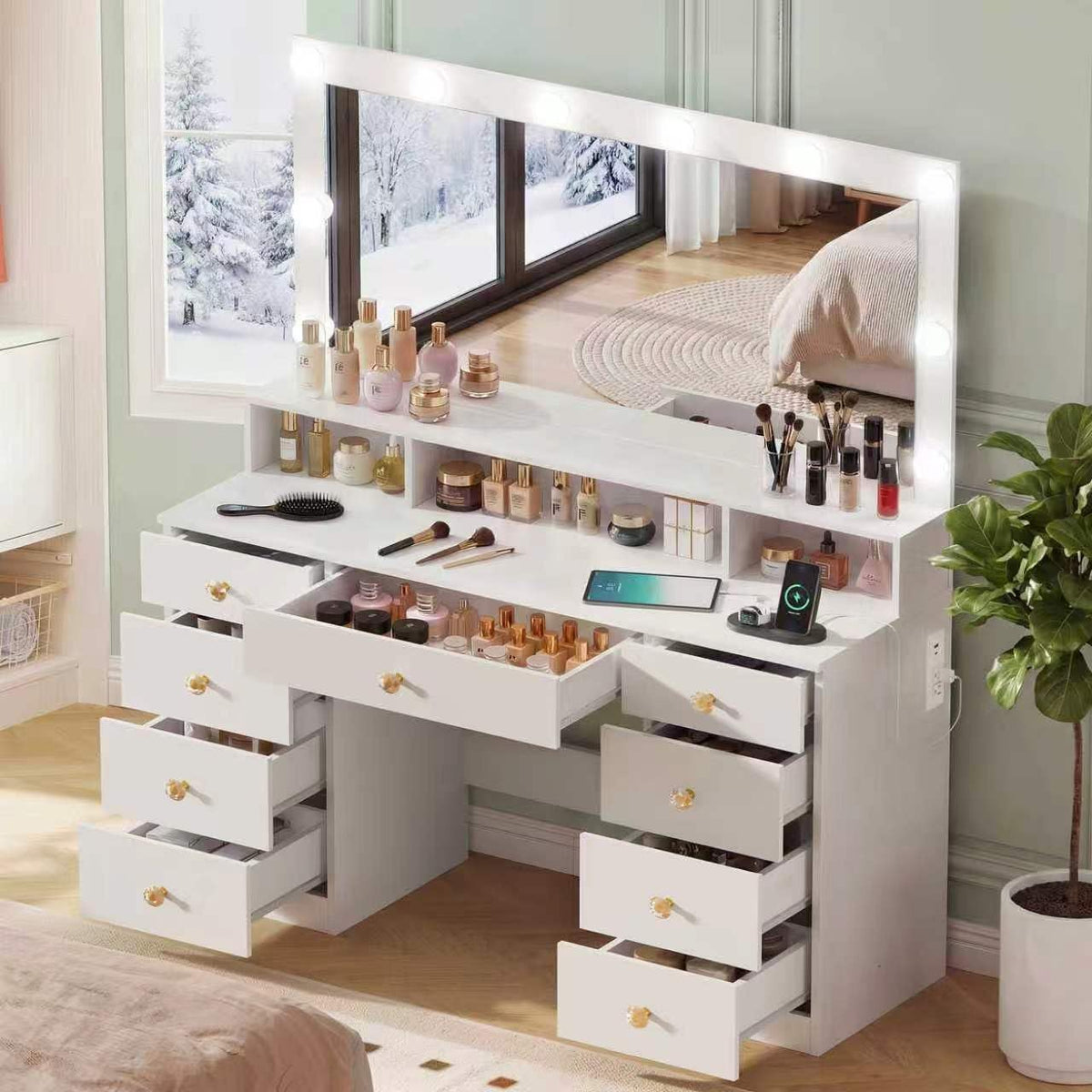 Vanity Desk with Mirror and Lights, Makeup Vanity Table with Power Outlet, 9 ...