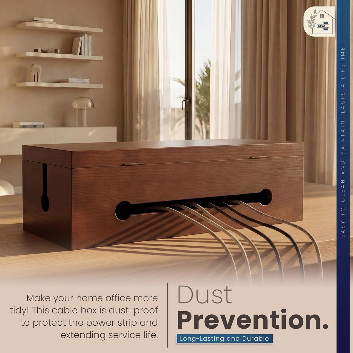 Solid Wood Cable Management Box - Large Cord Management Box Organizer; Cord H...