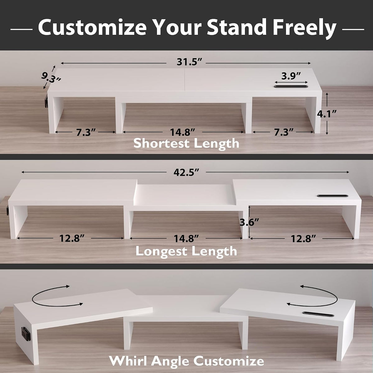 BONTEC Dual Monitor Stand Riser, Adjustable Length & Swivel Angle, White