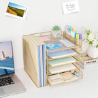 5-tier desk file organizer with drawer & pen showing dimensions