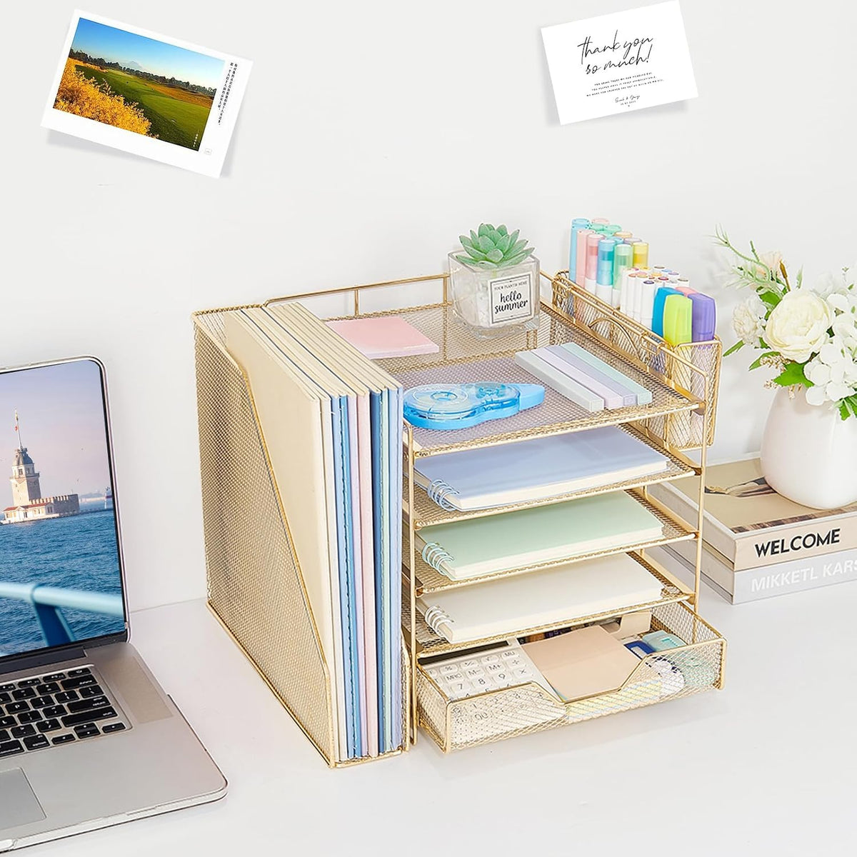5-Tier Desk File Organizer with Drawer & Pen Holder (Gold)