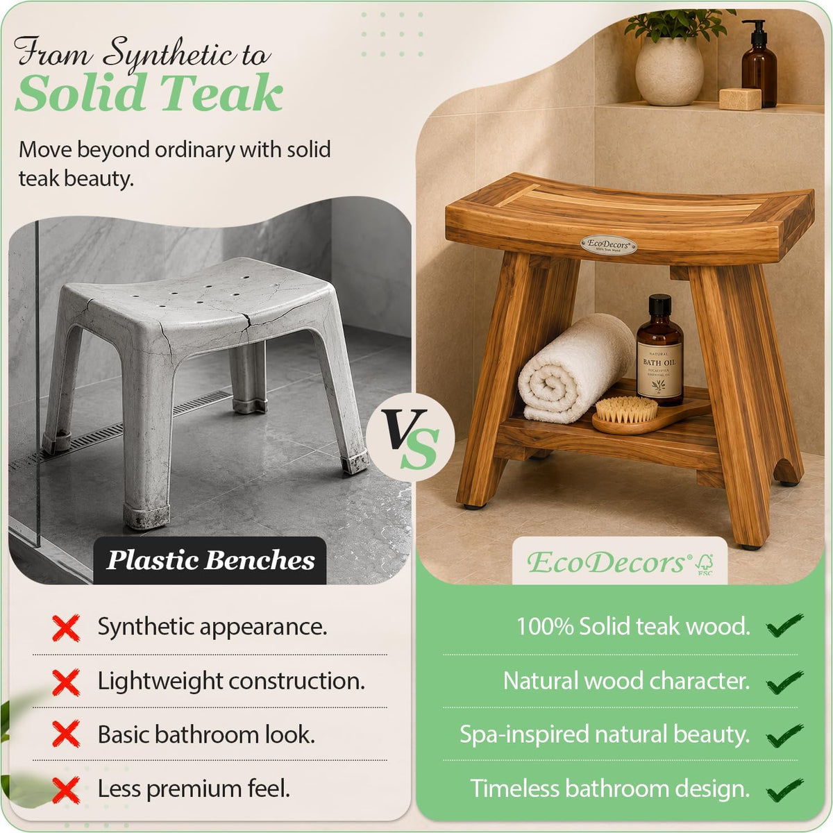 EcoDecors 18" Teak Shower Bench with Shelf, Solid Teak Wood Shower Stool