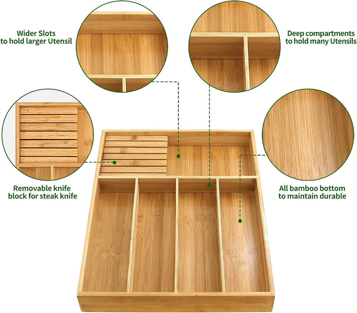 VaeFae Bamboo Silverware Drawer Organizer, 5 Slots, Natural