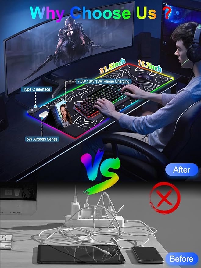 XXL Mouse Pad with Phone Holder, RGB Desk Mat with 15W Fast Charging, LED Large - Image 2