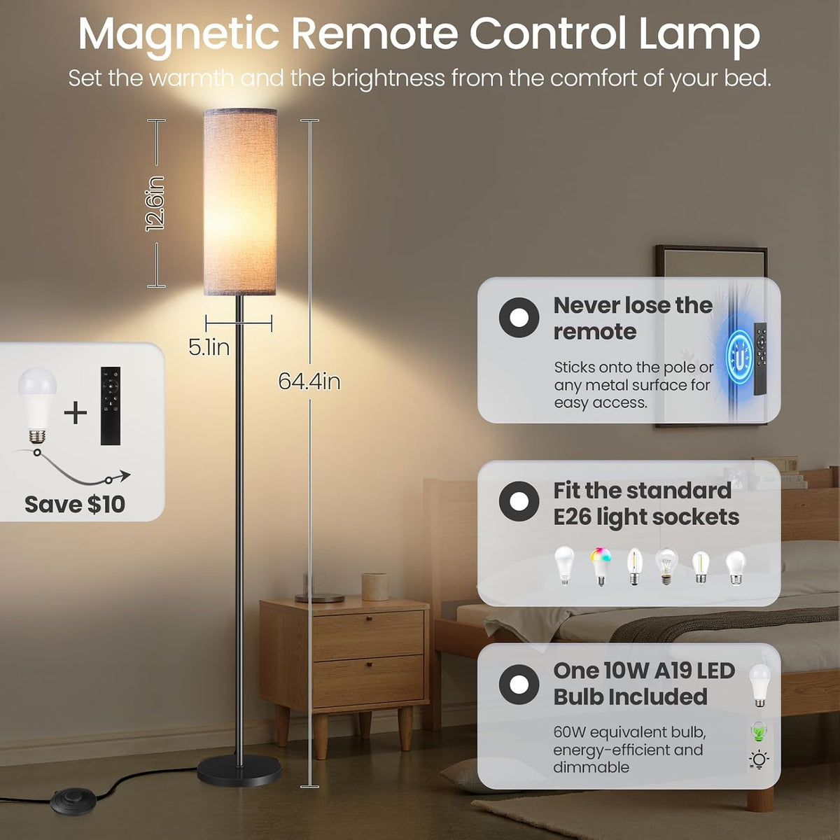 Dimmable Gray Floor Lamp for Living Room with Remote and Foot Switch, Corner ...