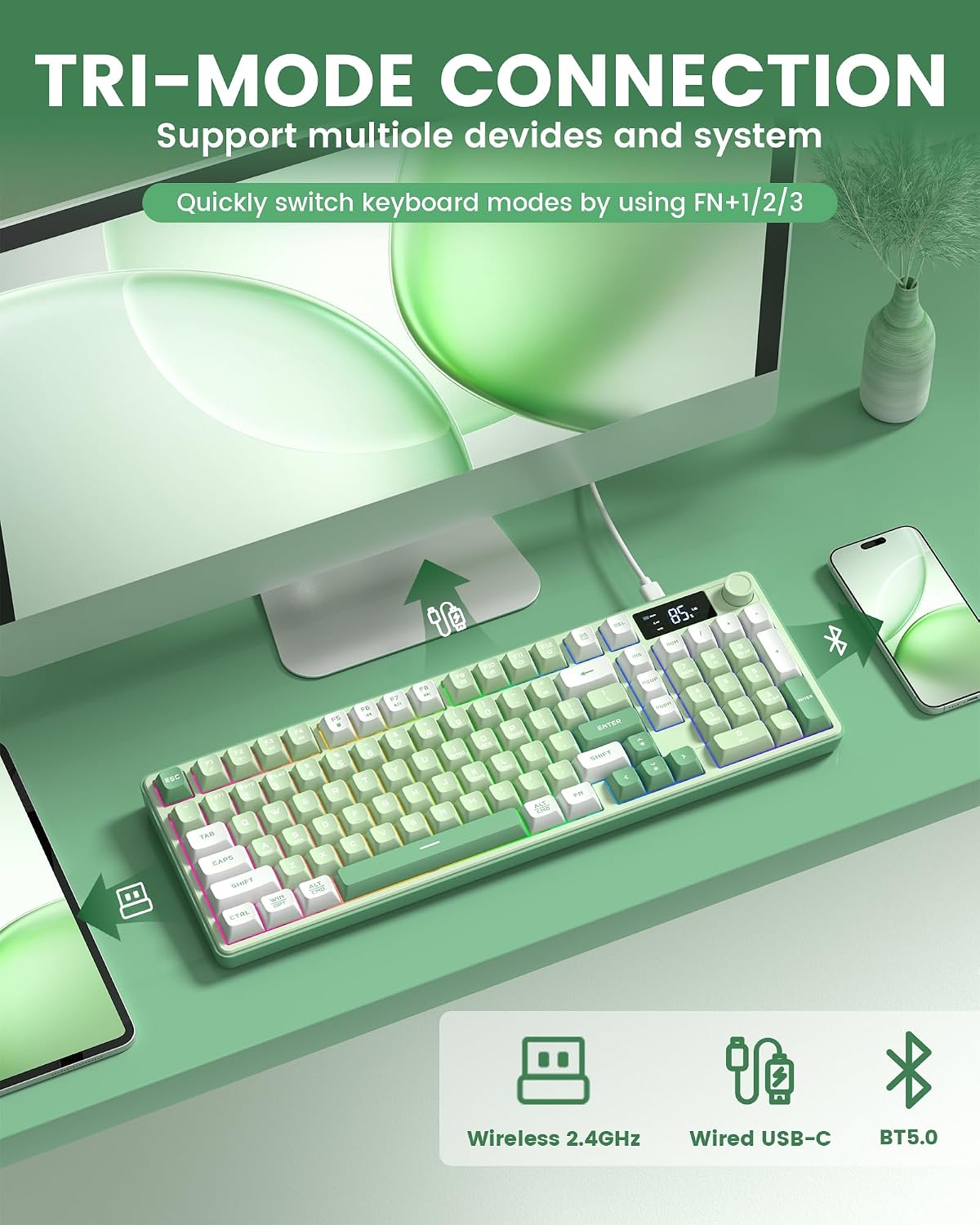 Keymatic Gaming Keyboard Wireless Creamy Keyboard with Media Knob & Scree...