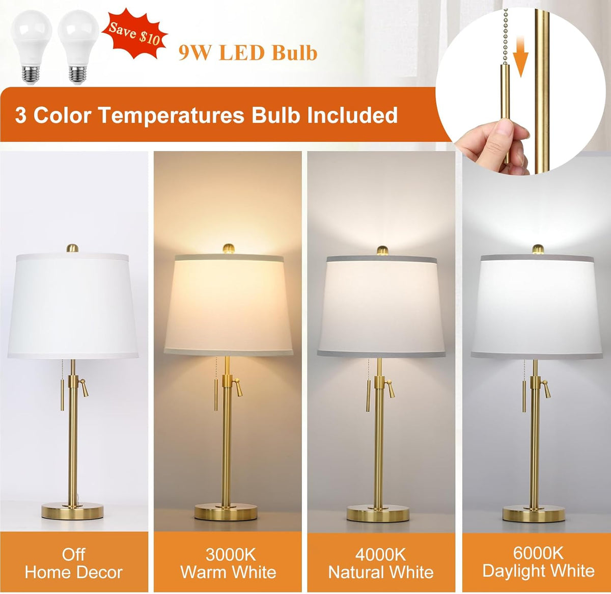 JUNNAI 2 Pack 22"-30" Adjustable Height Table Lamps Set, Modern Gol...