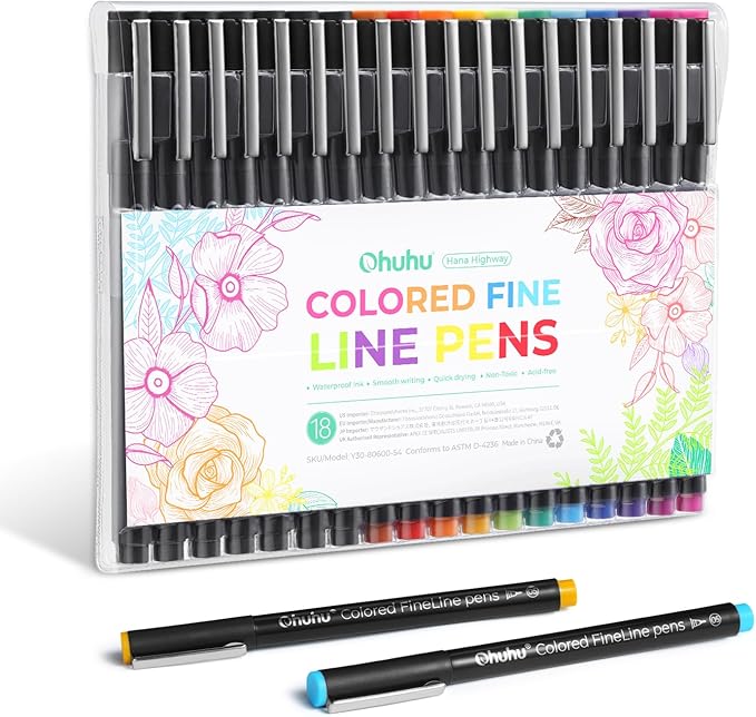 Ohuhu Colored Fineliner Drawing Pens: 18 Packs Fineliners 11 Colored Pens & 7 by Ohuhu