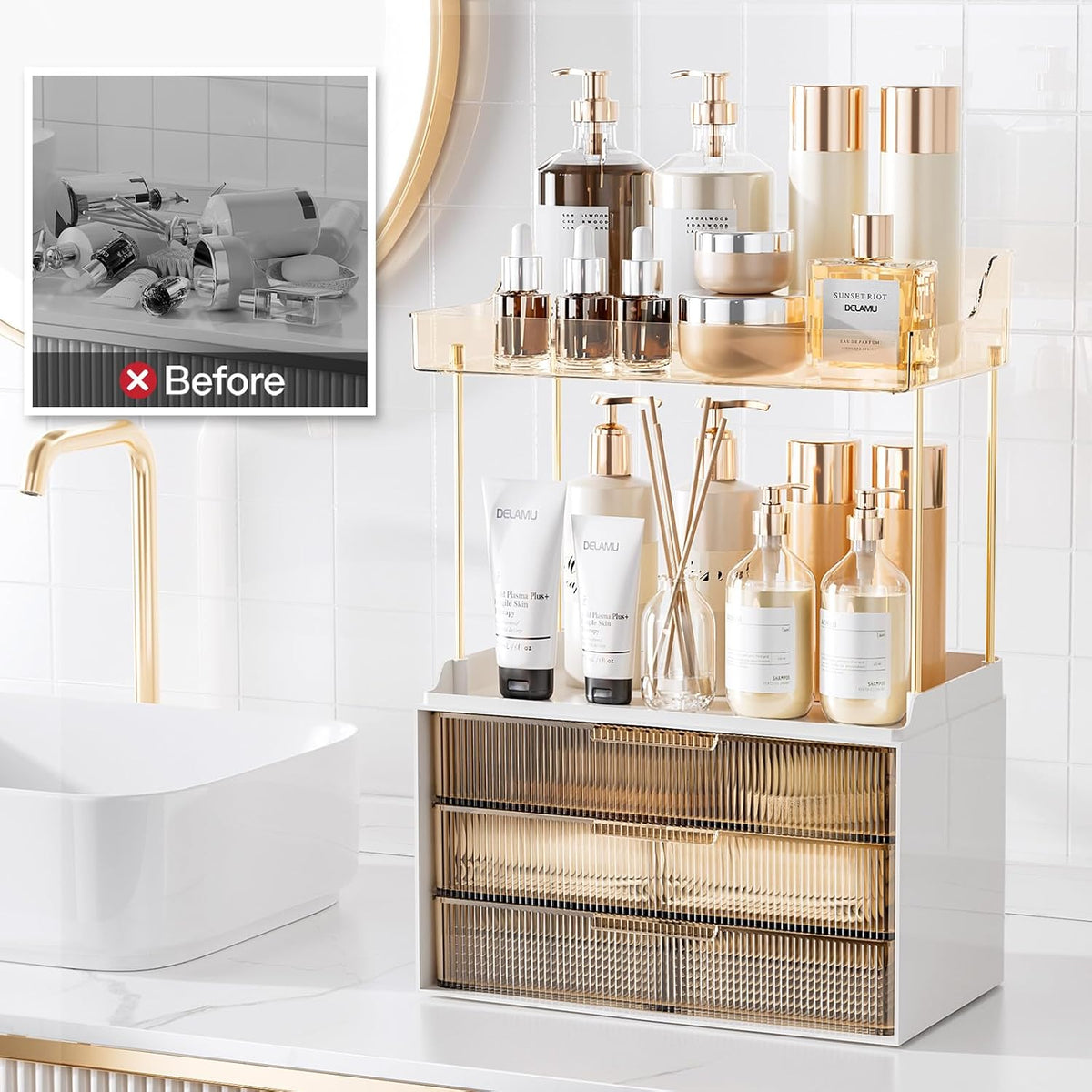 Delamu 5-Tier Makeup Organizer, Bathroom Counter Storage, 3 Drawers, Amber
