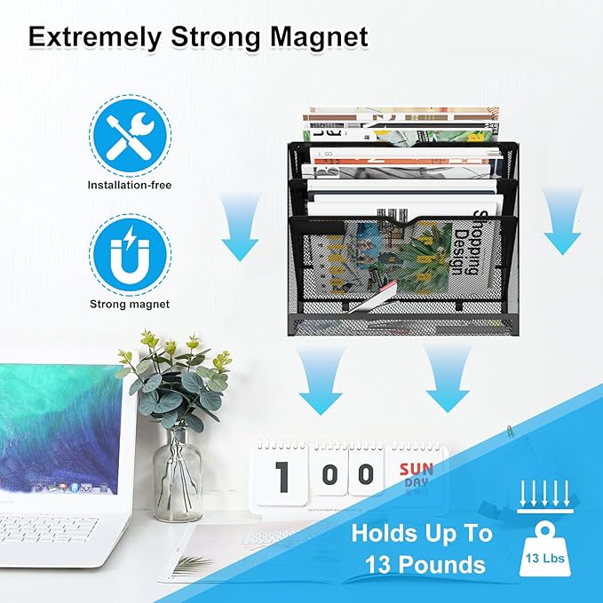 KZWKRG 4 Tier Magnetic File Holder, Large Capacity Mesh Hanging Wall Organizer - Image 2