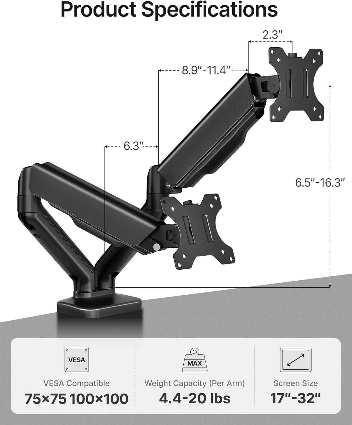 monTEK Dual Monitor Arm for 17-32" Flat/Curved Screen up to 19.8 lbs