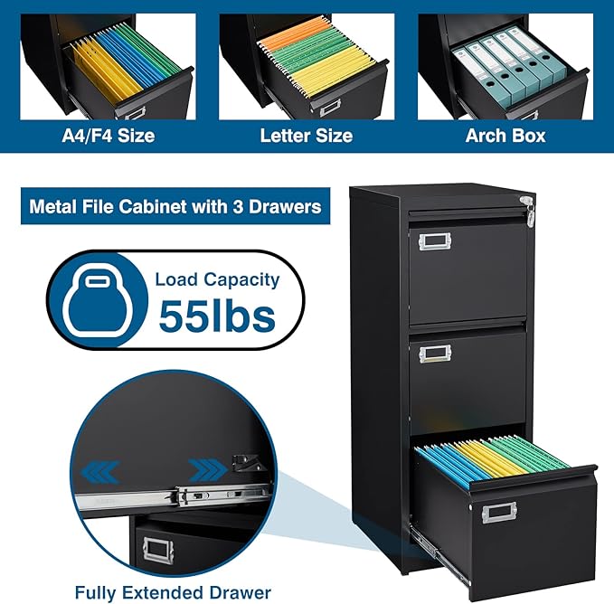 PEUKC 3-Drawer File Cabinet, 16.3" Deep Vertical Filing Cabinet - Image 4