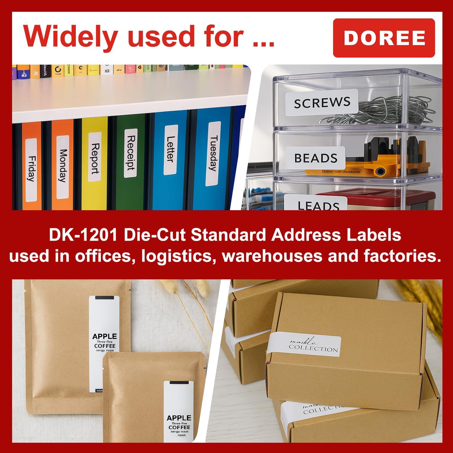 DOREE 10 Rolls DK-1201 Die-Cut Address Labels 1.14" x 3.5" 400 Labels/Roll | Replacement for Brother DK1201 29mm x 90mm Black on White Compatible with Brother QL-700/800/810W/820NWB/1100/1110NWB